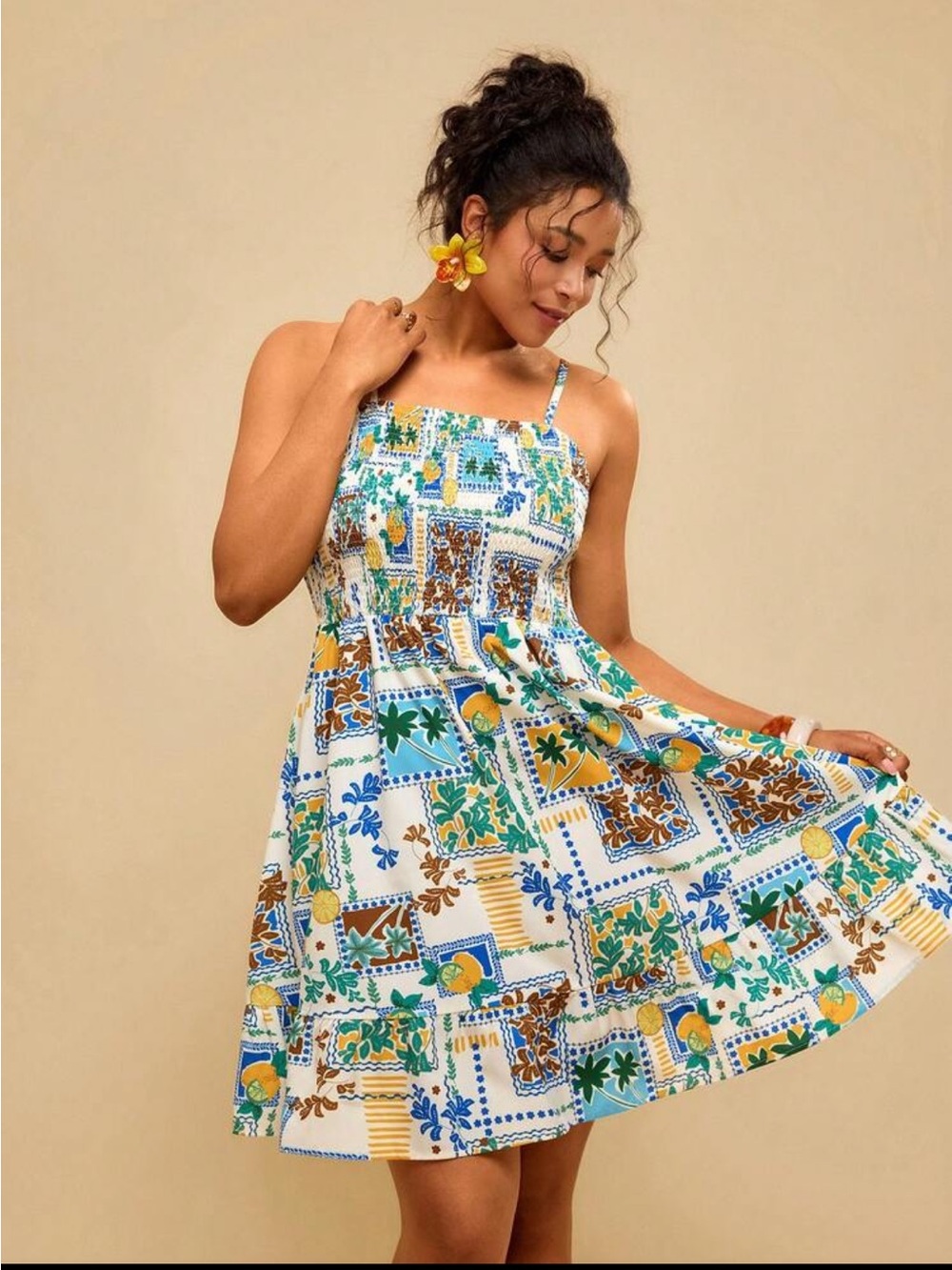 Smocked Sundress with Multicolor Botanical Patch Print